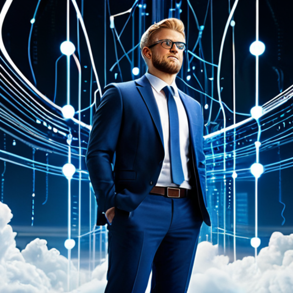 A professional cloud architect, fully clothed in a modest business suit, stands confidently in a modern, abstract digital environment. The background features interconnected glowing nodes and flowing data streams, symbolizing robust and scalable cloud infrastructure. Elements like load balancers and multiple availability zones are subtly integrated into the futuristic landscape, illustrating resilience and high availability. The scene is well-lit with a blue and white color palette, conveying innovation and clarity. perfect anatomy, correct proportions, natural pose, well-formed hands, proper finger count, natural body proportions, professional photography, high quality, safe for work, appropriate content, fully clothed, professional.