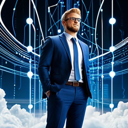 Home 11 A professional cloud architect, fully clothed in a modest business suit, stands confidently in a modern, abstract digital environment. The background features interconnected glowing nodes and flowing data streams, symbolizing robust and scalable cloud infrastructure. Elements like load balancers and multiple availability zones are subtly integrated into the futuristic landscape, illustrating resilience and high availability. The scene is well-lit with a blue and white color palette, conveying innovation and clarity. perfect anatomy, correct proportions, natural pose, well-formed hands, proper finger count, natural body proportions, professional photography, high quality, safe for work, appropriate content, fully clothed, professional.