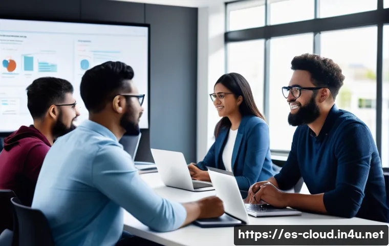 클라우드 전문가를 위한 커뮤니티 활동 가이드 - A diverse group of cloud computing professionals engaged in a lively online webinar, with visible la...