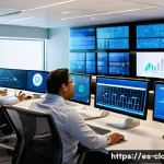 Home 21 클라우드 플랫폼 실무에서 API 활용하기 - A modern cloud computing control room with diverse Hispanic IT professionals collaborating around la...