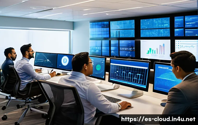 클라우드 플랫폼 실무에서 API 활용하기 - A modern cloud computing control room with diverse Hispanic IT professionals collaborating around la...