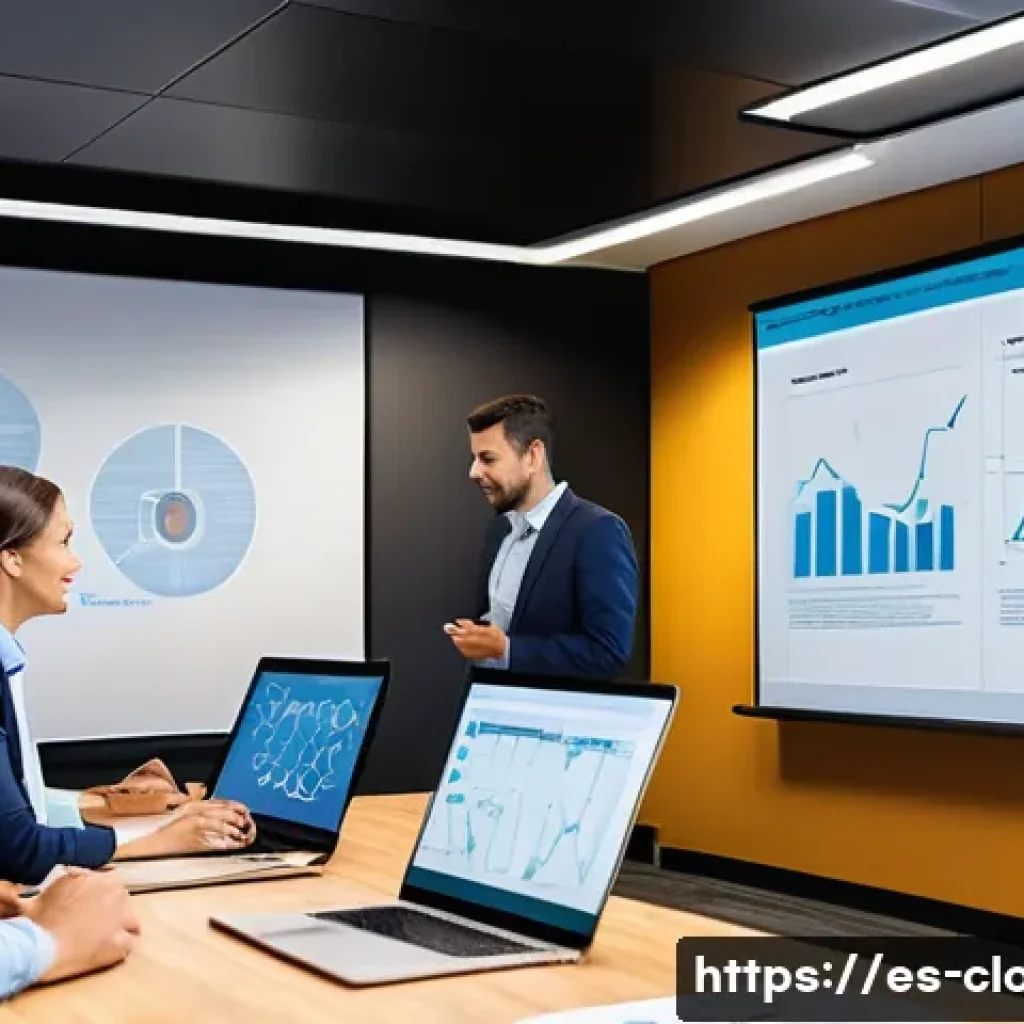 클라우드 프로젝트 실패 사례와 교훈 - A modern corporate office meeting room with a diverse team of Spanish-speaking professionals engaged...