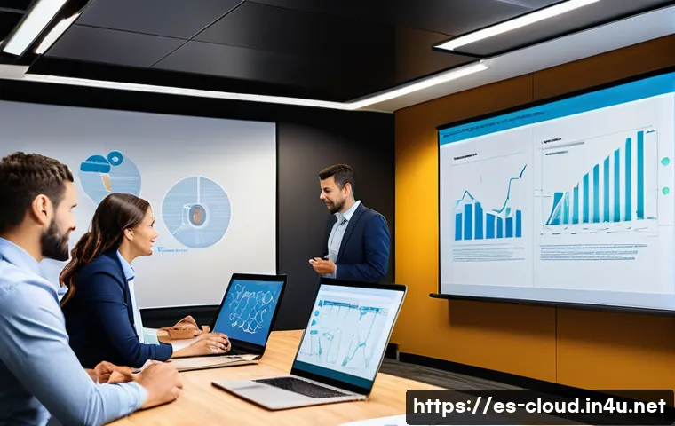 클라우드 프로젝트 실패 사례와 교훈 - A modern corporate office meeting room with a diverse team of Spanish-speaking professionals engaged...