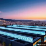 Home 18 클라우드 네트워크 트래픽 최적화 - A futuristic edge computing data center located near a bustling urban environment in Spain, showing ...