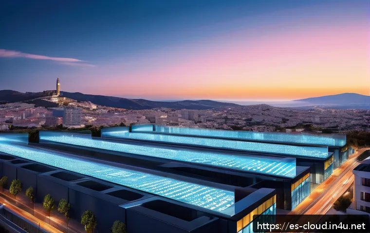 클라우드 네트워크 트래픽 최적화 - A futuristic edge computing data center located near a bustling urban environment in Spain, showing ...