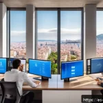 Home 23 클라우드 컴퓨팅으로 전환한 기업 성공 사례 - A modern office scene in Spain featuring a diverse team of professionals collaborating remotely thro...