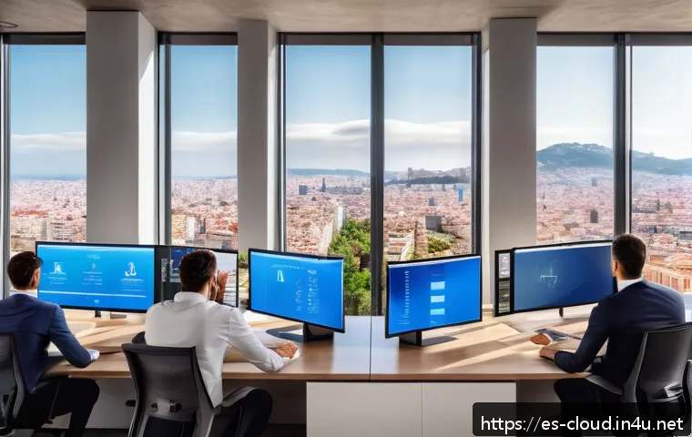 클라우드 컴퓨팅으로 전환한 기업 성공 사례 - A modern office scene in Spain featuring a diverse team of professionals collaborating remotely thro...