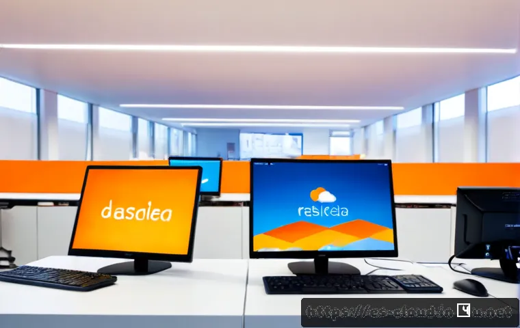 클라우드 서비스 간 차이점  AWS Azure GCP - Photorealistic modern technology office in Madrid, three side-by-side workstations representing diff...